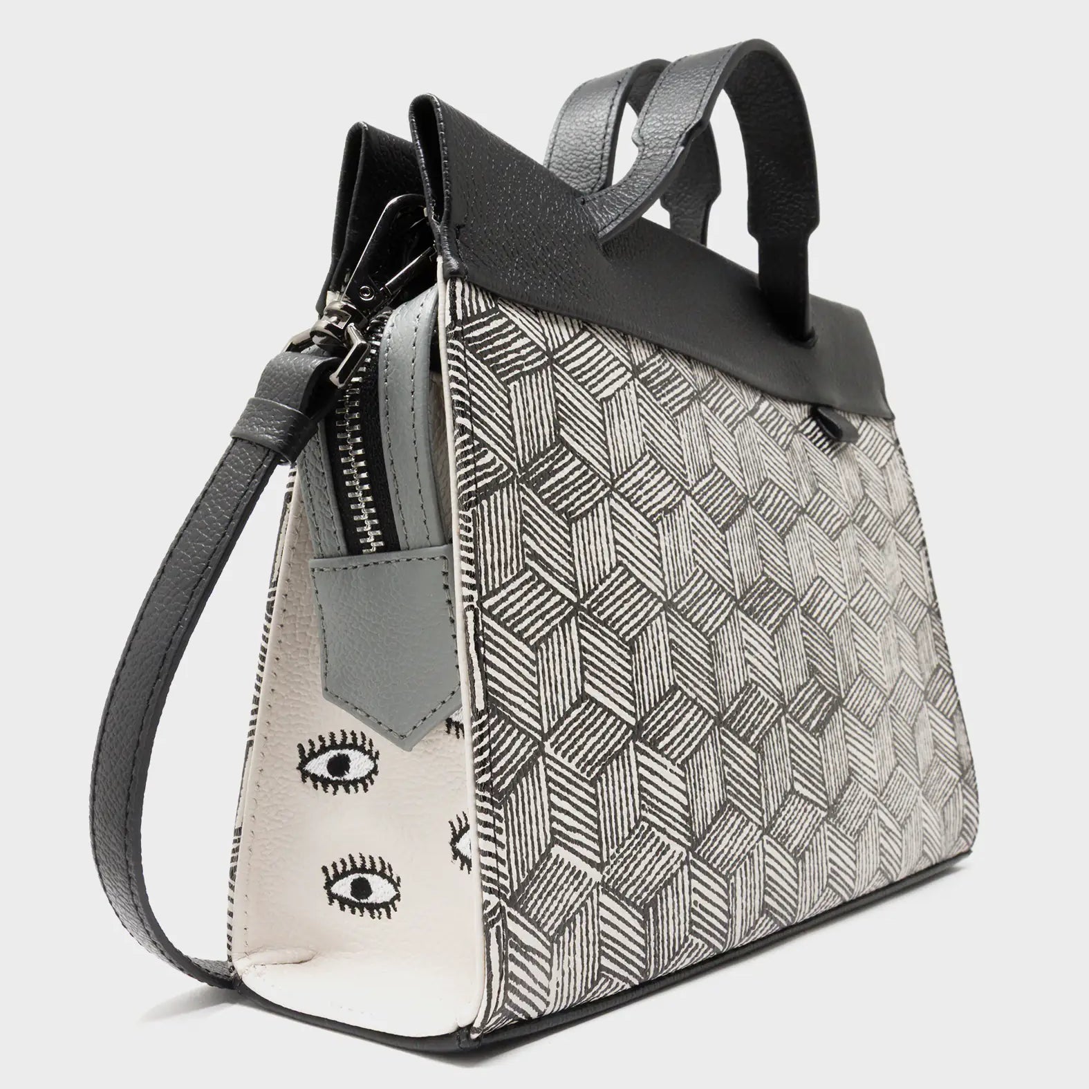 Vali Small Crossbody Moonwalk Gray Leather Bag - Cubes Print - Side Corner View