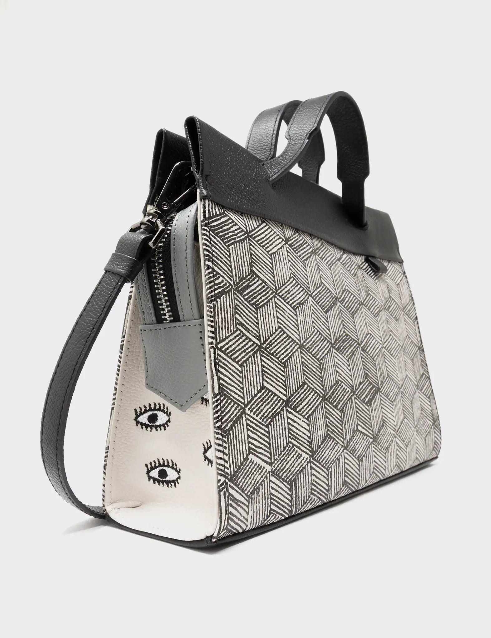 Vali Small Crossbody Moonwalk Gray Leather Bag - Cubes Print - Side Corner View