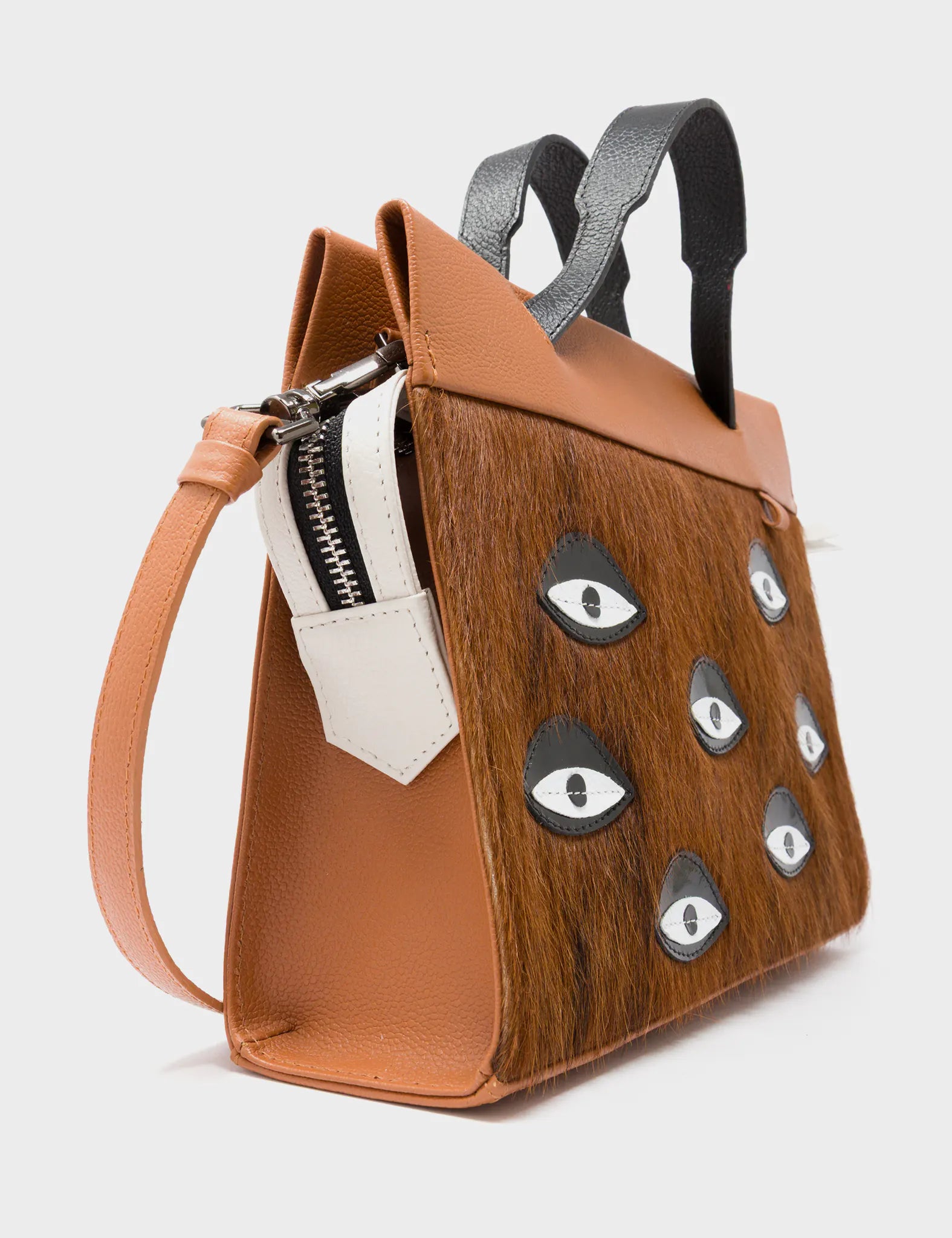 Vali Crossbody Small Baked City Brown Leather Bag - Eyes Applique Adjustable Handle - Side View