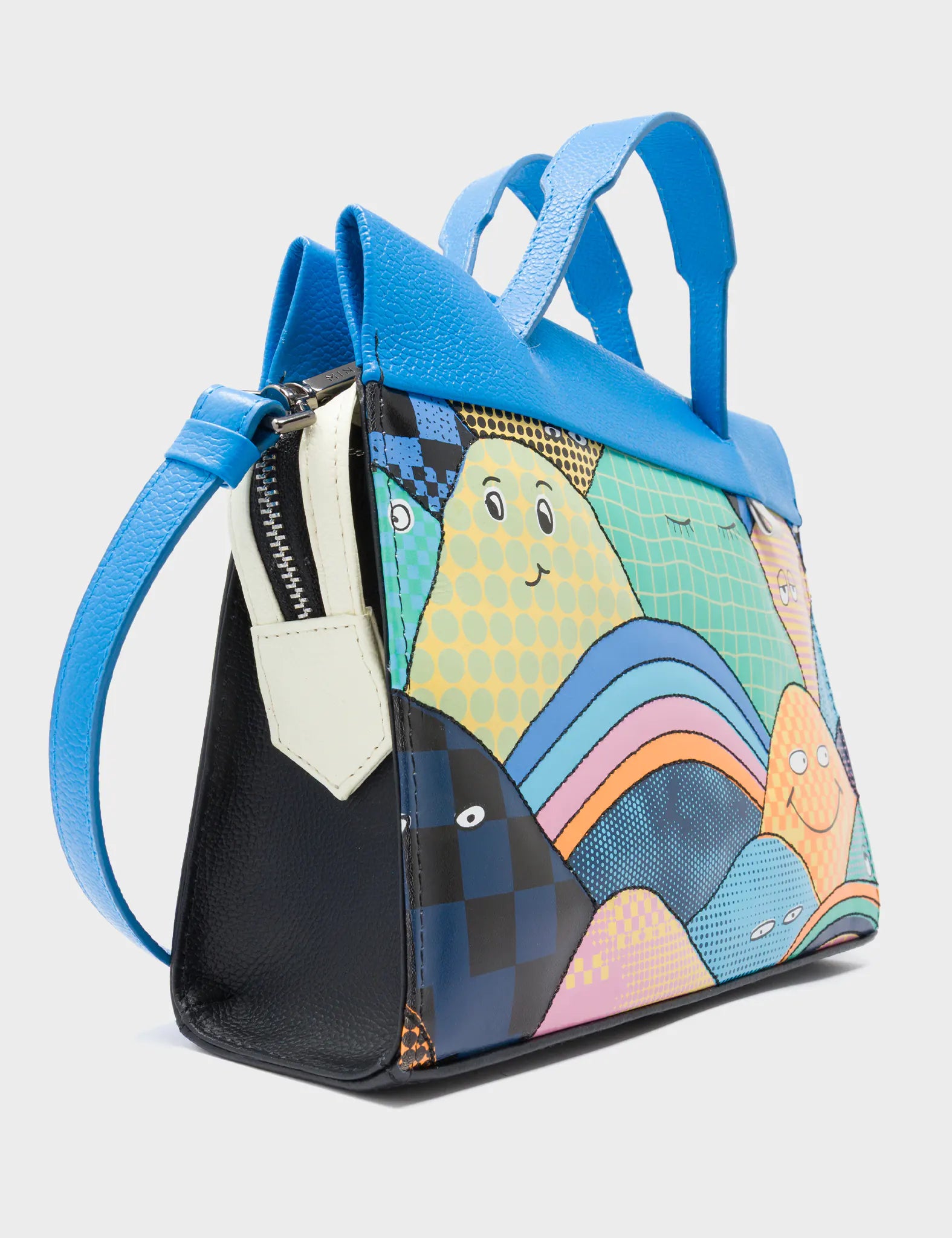Vali Small Crossbody Ibiza Blue and Black Leather Bag - Happy Mountains Print - Side Corner View