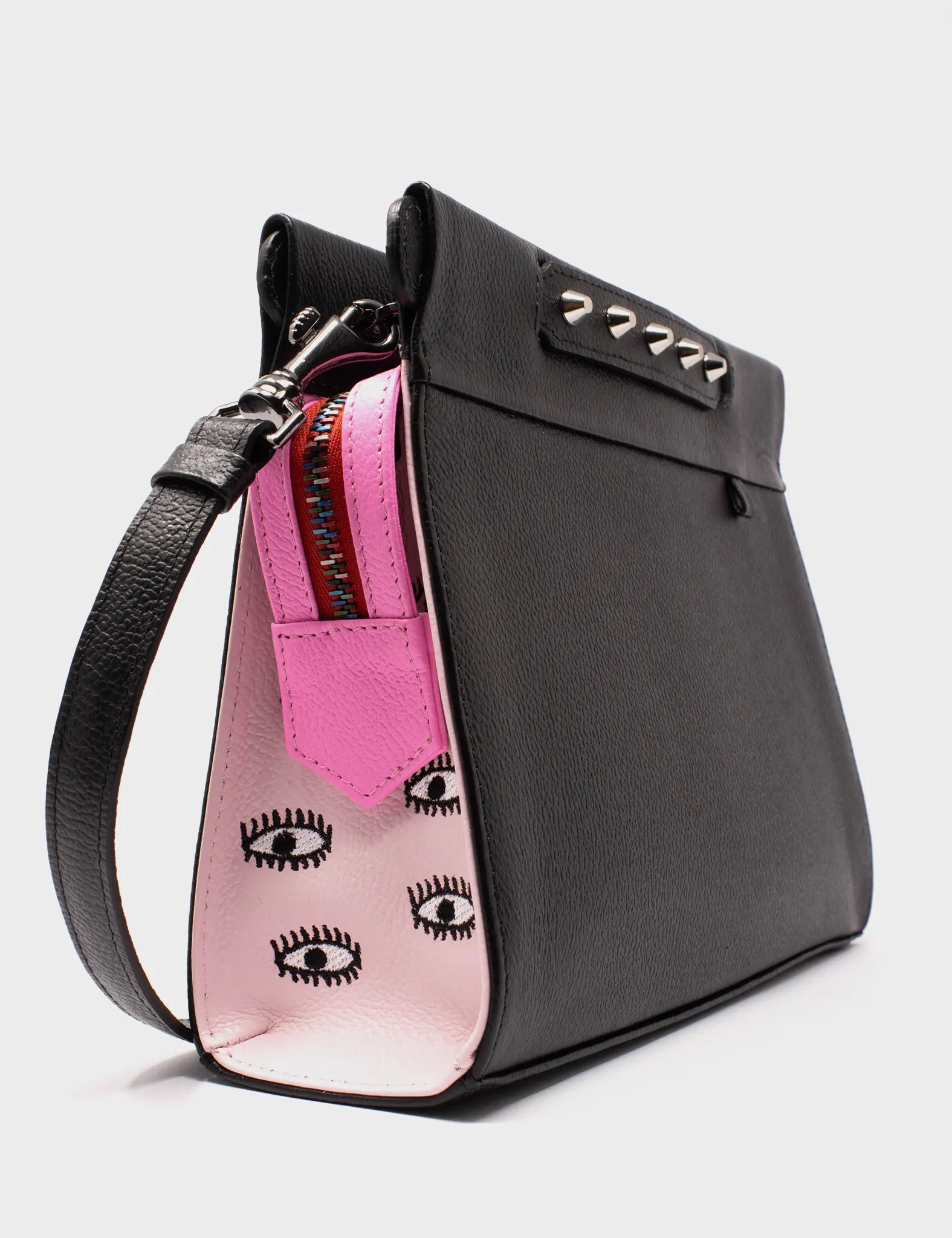 Vali Crossbody Small Parfait Pink And Black Leather Bag - All Over Eyes Embroidery - Side View