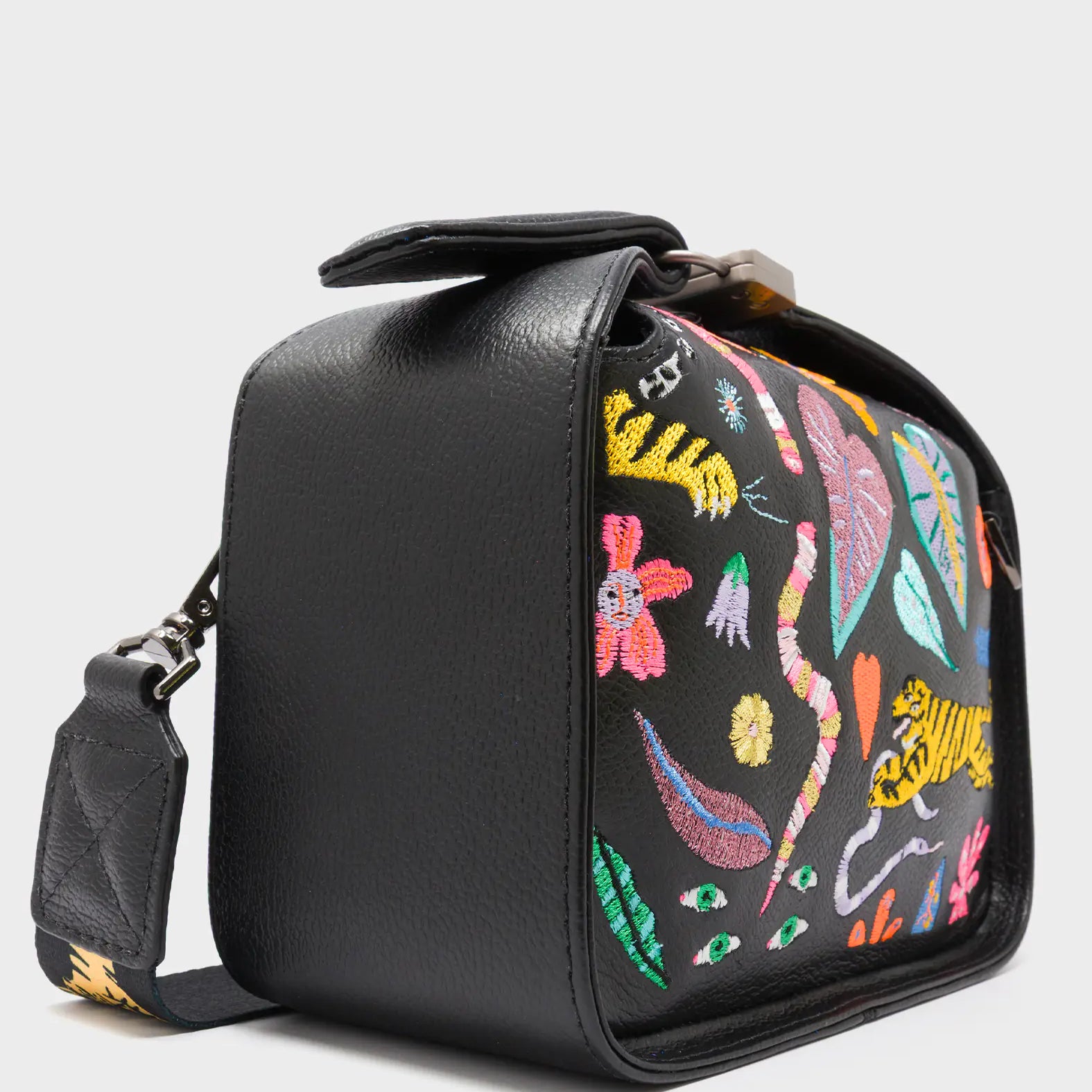 Benji Mini Crossbody Black Leather Bag - Autumn Blush Embroidery - Side Corner View
