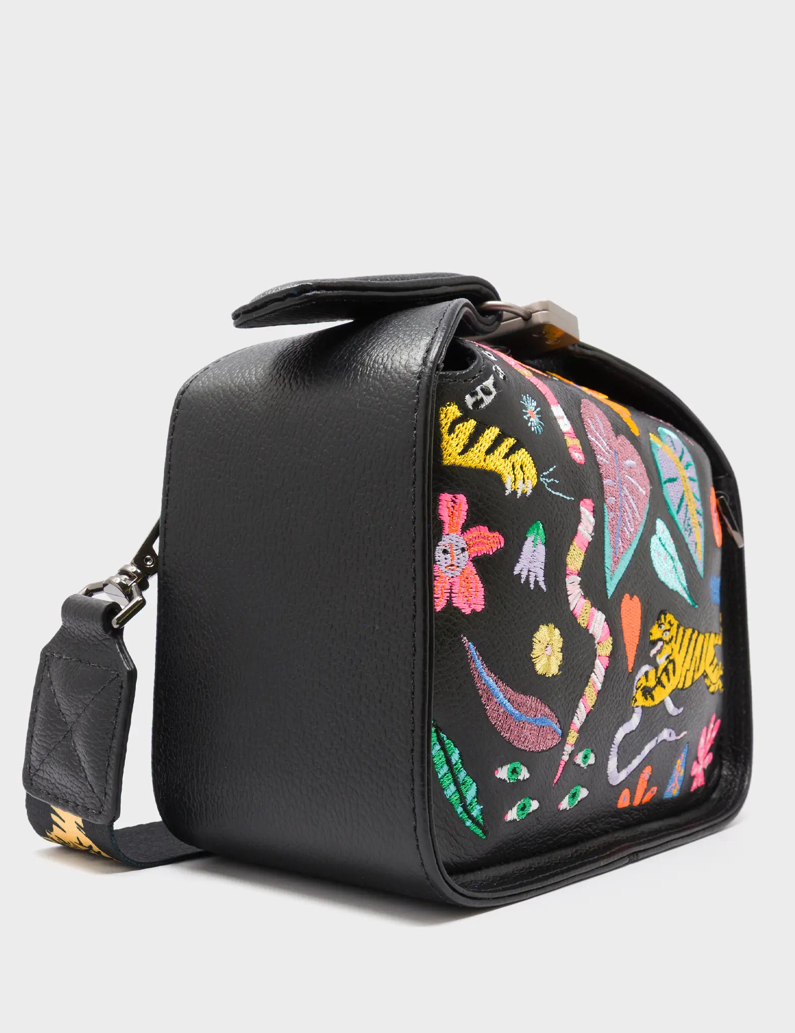 Benji Mini Crossbody Black Leather Bag - Autumn Blush Embroidery - Side Corner View