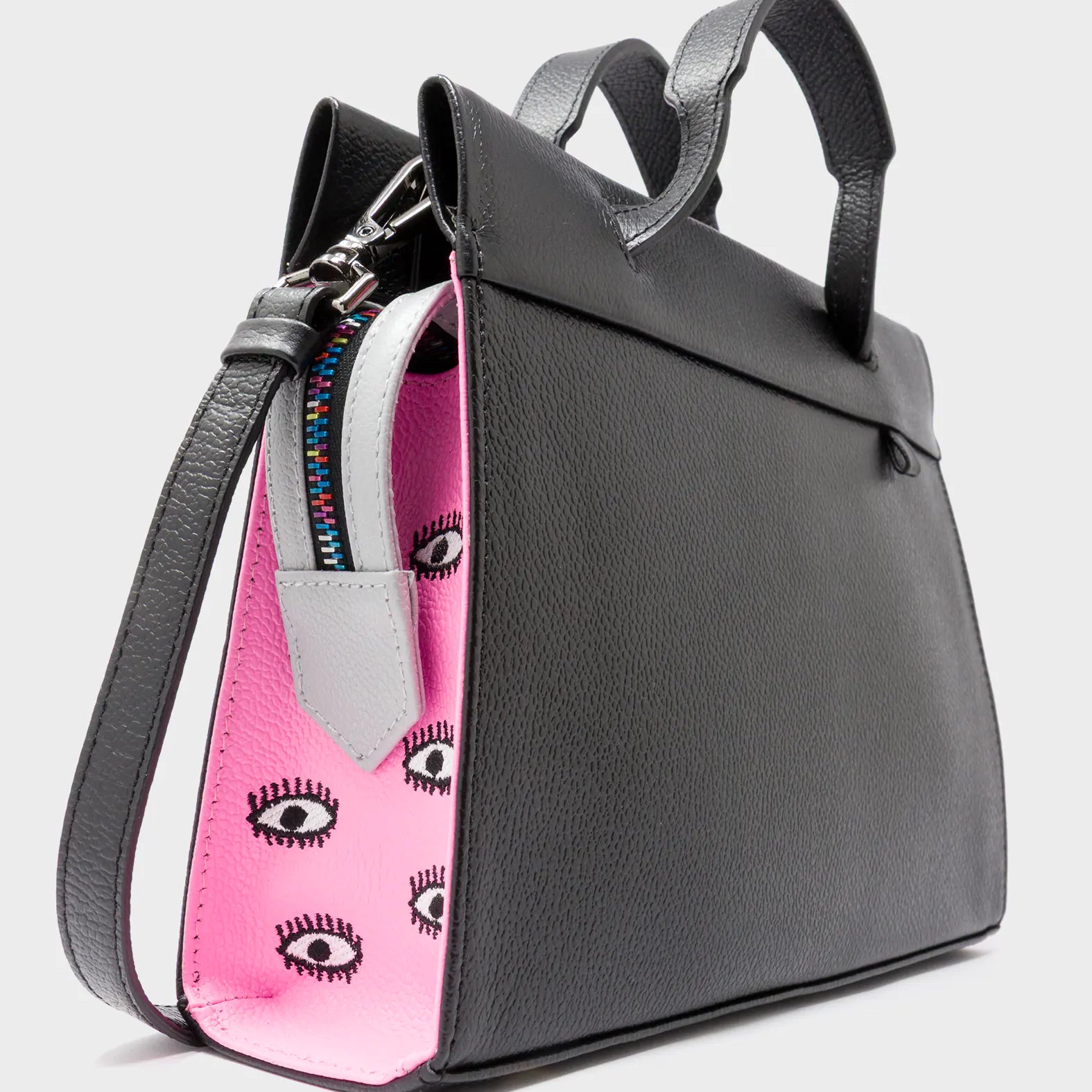 Vali Crossbody Small Black and Bubblegum Pink Leather Bag - All Over Eyes Embroidery - Side Corner View