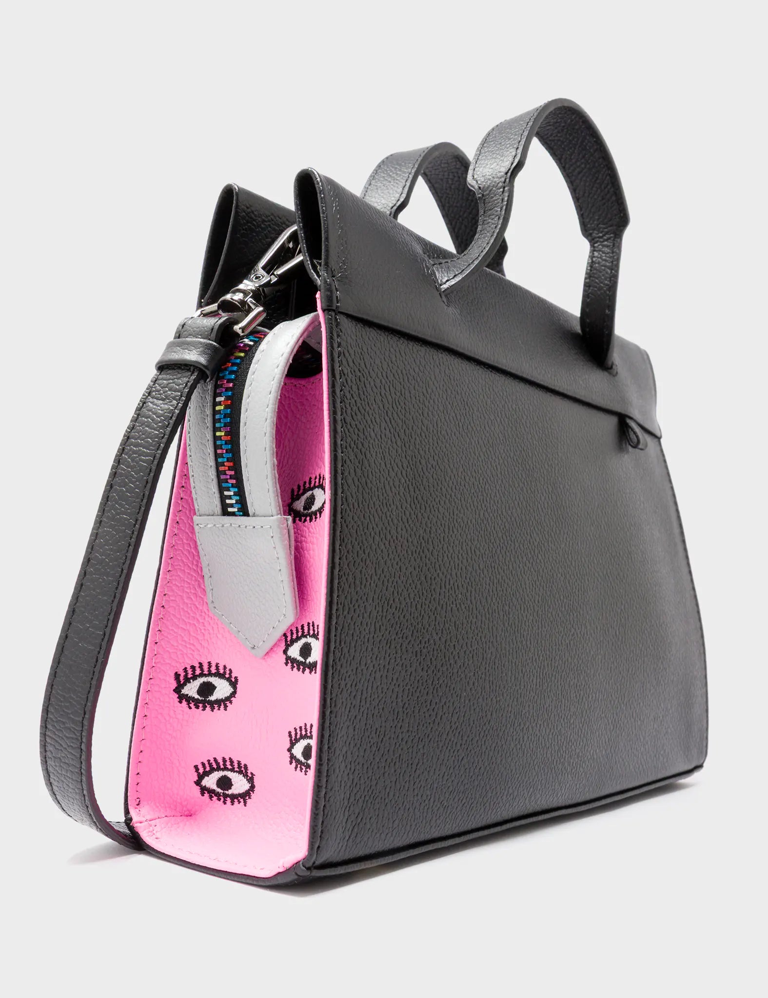 Vali Crossbody Small Black and Bubblegum Pink Leather Bag - All Over Eyes Embroidery - Side Corner View