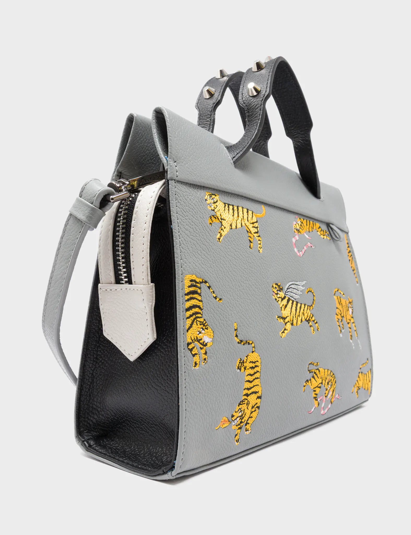 Vali Crossbody Small Gray Leather Bag - Tiger Rumble Embroidery - Side Corner view