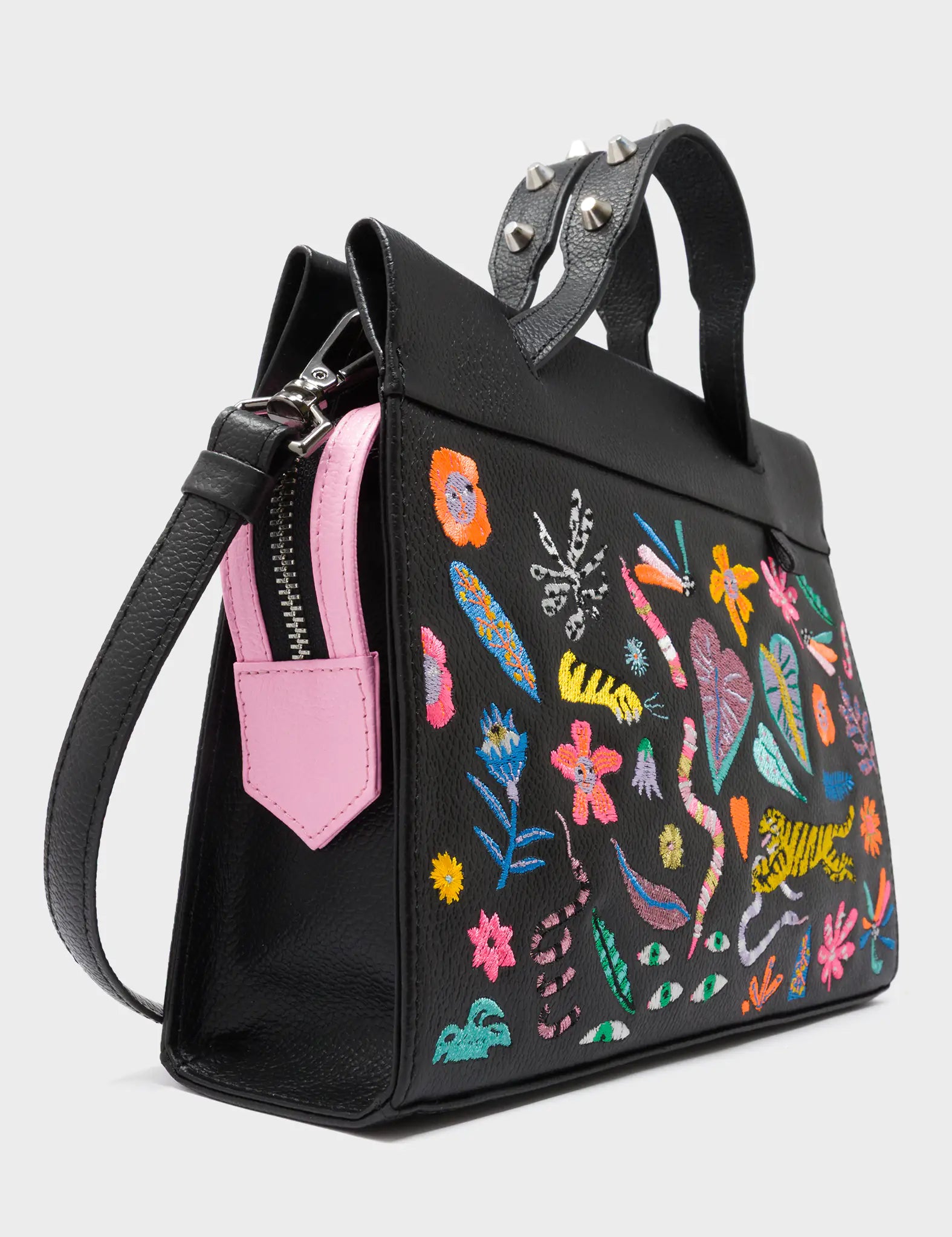 Vali Crossbody Small Black Leather Bag - Autumn Blush Embroidery - Side Corner View