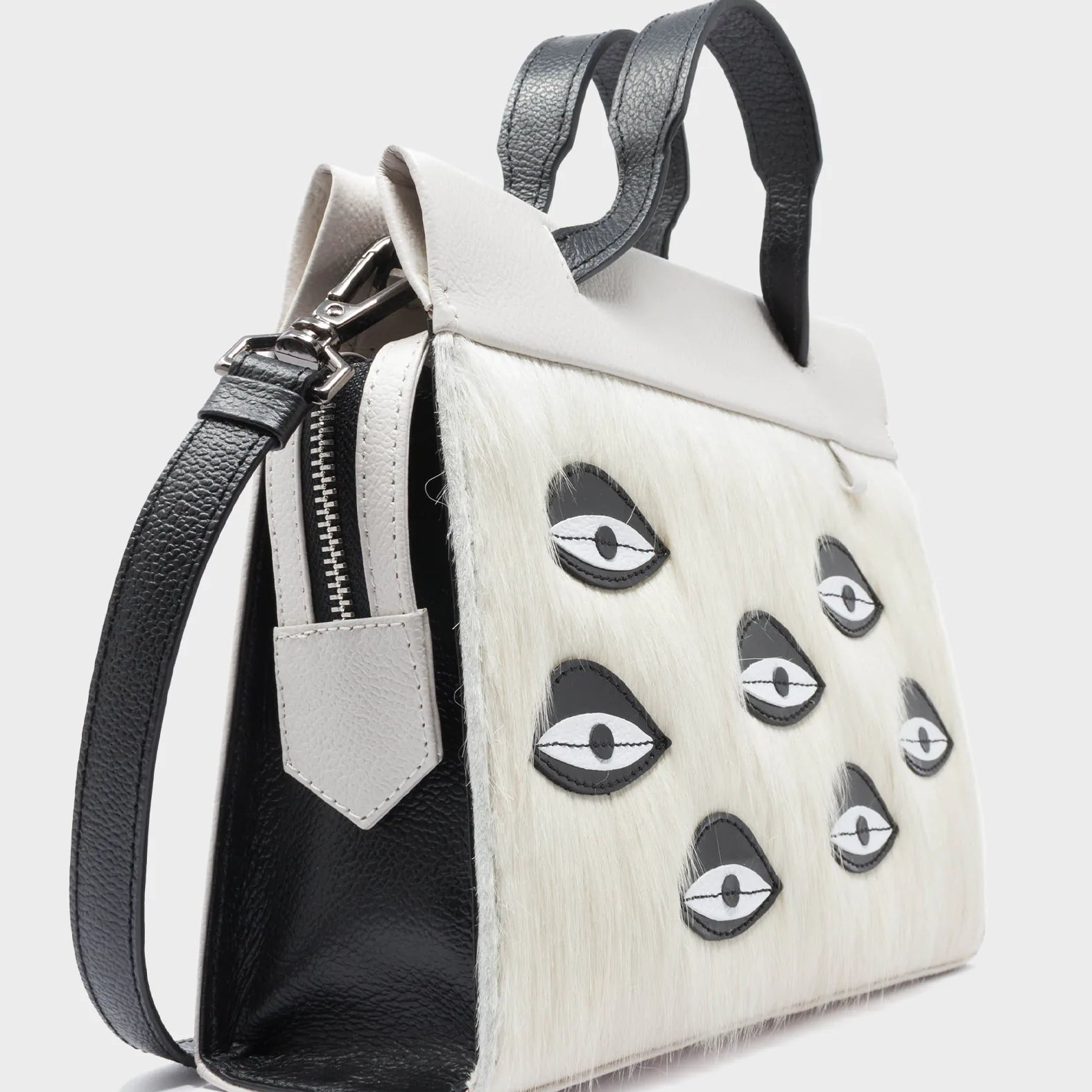 Vali Crossbody Small Cream Leather Bag - Eyes Applique Adjustable Handle - Side