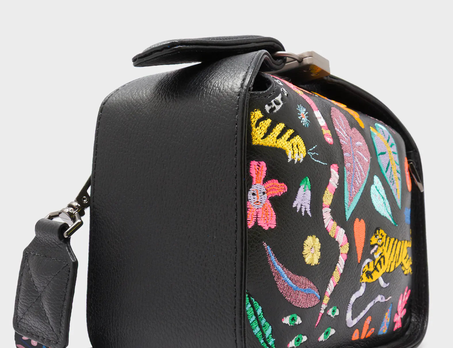 Benji Mini Crossbody Black Leather Bag - Autumn Blush Embroidery - Side Corner View