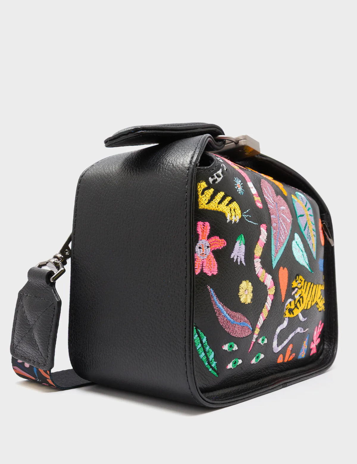 Benji Mini Crossbody Black Leather Bag - Autumn Blush Embroidery - Side Corner View