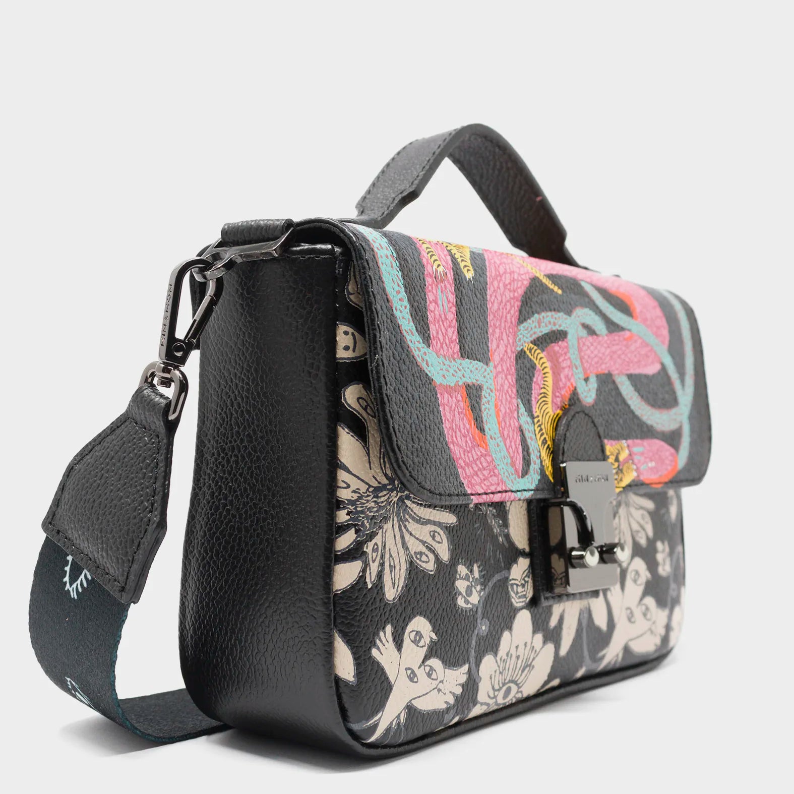 Amantis Black Leather Crossbody Mini Handbag - Tiger and Snake Design - Side View