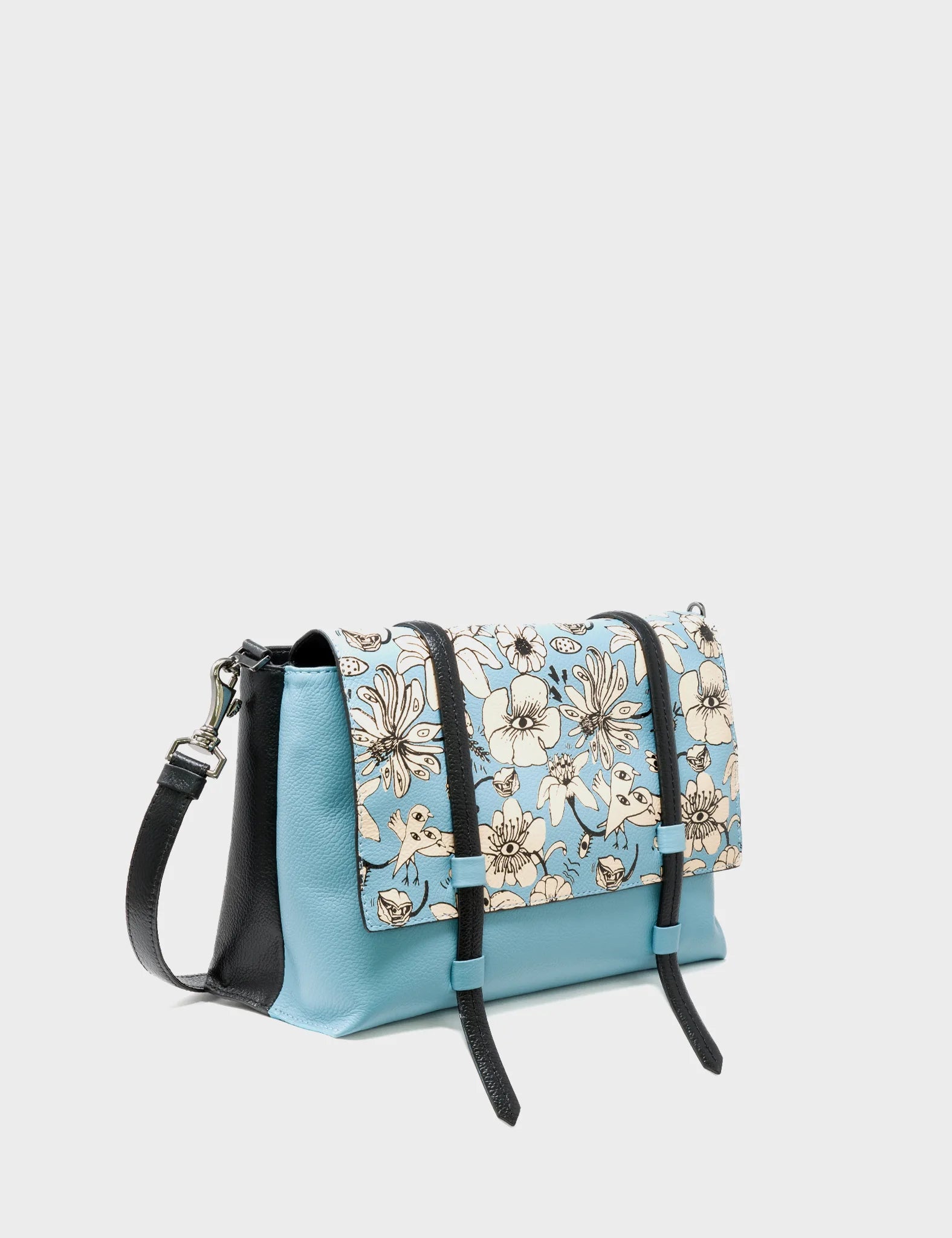 Reversible Small Messenger Bag Balck And Blue Leather - Floral Print
