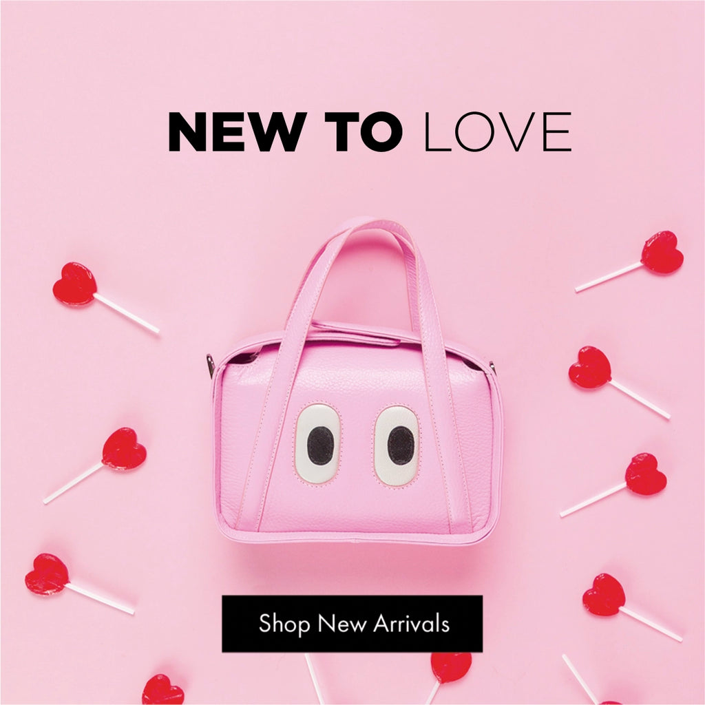 Pink background image featuring a Min & Mon Benji bag with heart-shaped candy details and the text “New to Love.”