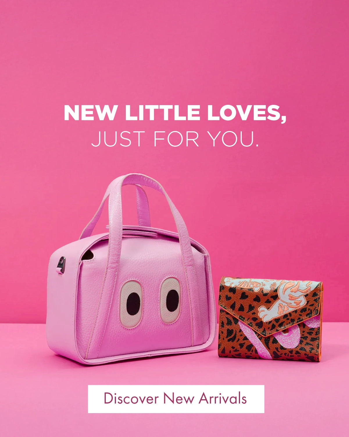 Pink Min & Mon mini handbag with signature eye detail next to a patterned leather wallet on a pink background.