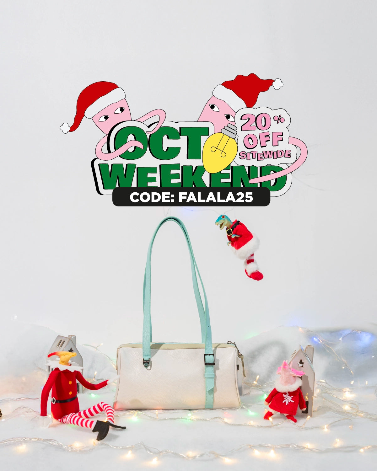 White Min & Mon handbag surrounded by holiday décor, warm lights, small elves, and the OctoWeekend logo showing 20% OFF.