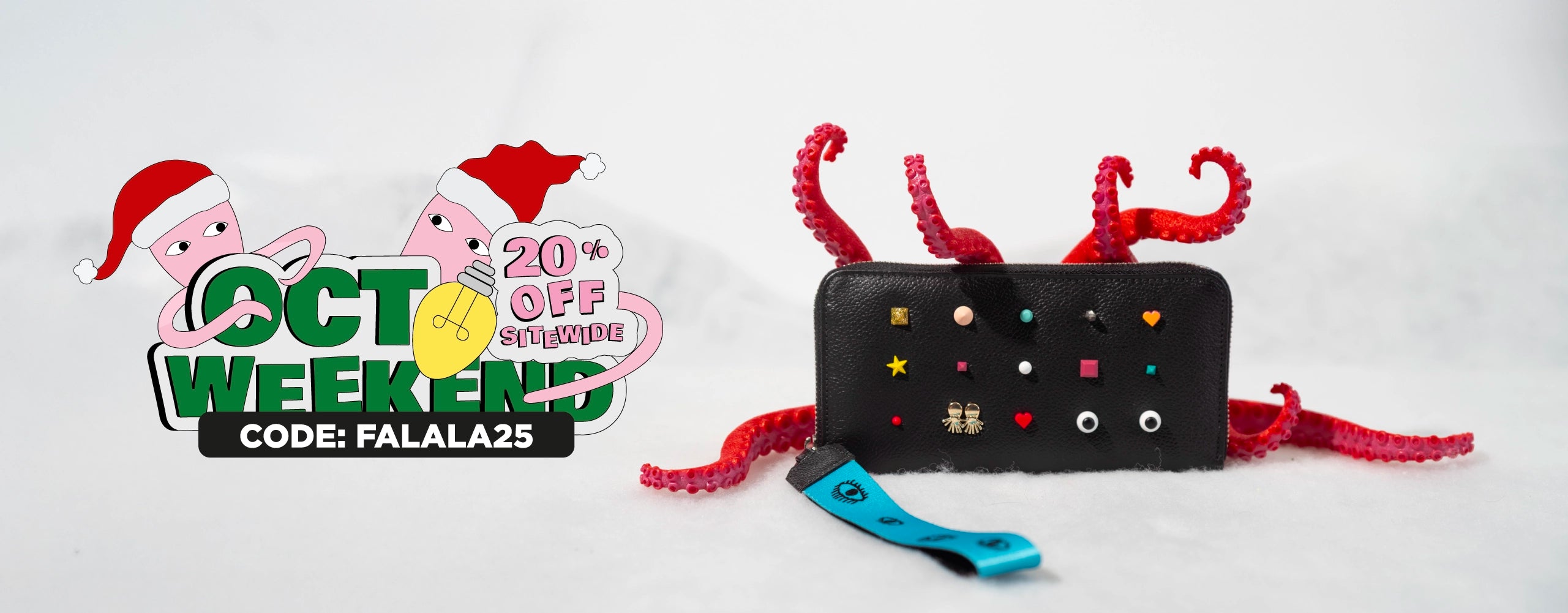 Black Min & Mon wallet decorated with colorful studs and charms, surrounded by playful red octopus tentacles over a snowy white background. Octoweekend banner above with “20% Off Sitewide Code: FALALA25.