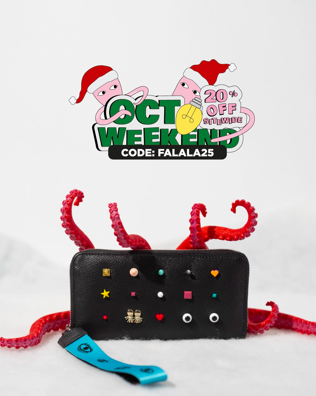 Black wallet with colorful icons and charms emerging from red octopus tentacles on a snowy background. Octoweekend banner on top showing “20% Off Sitewide – Code: FALALA25.”