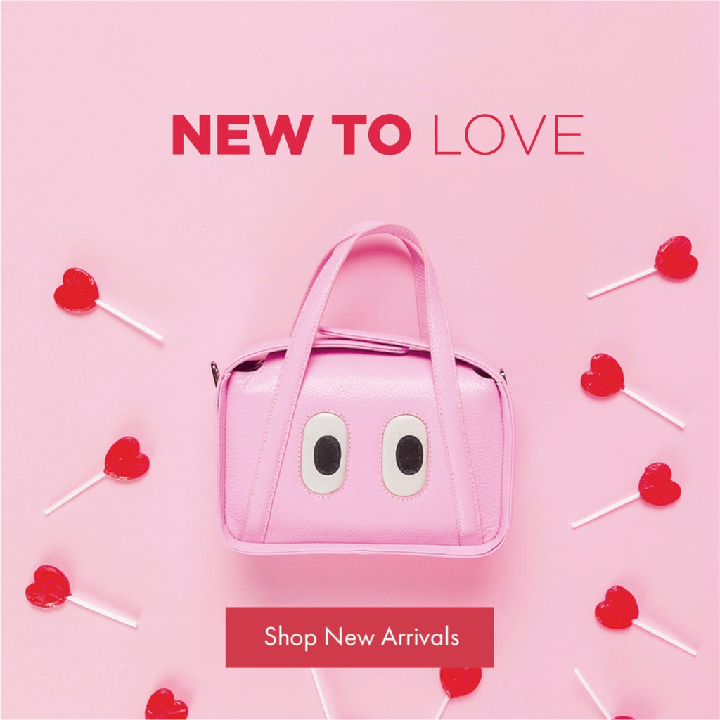 Pink background image featuring a Min & Mon Benji bag with heart-shaped candy details and the text “New to Love.”