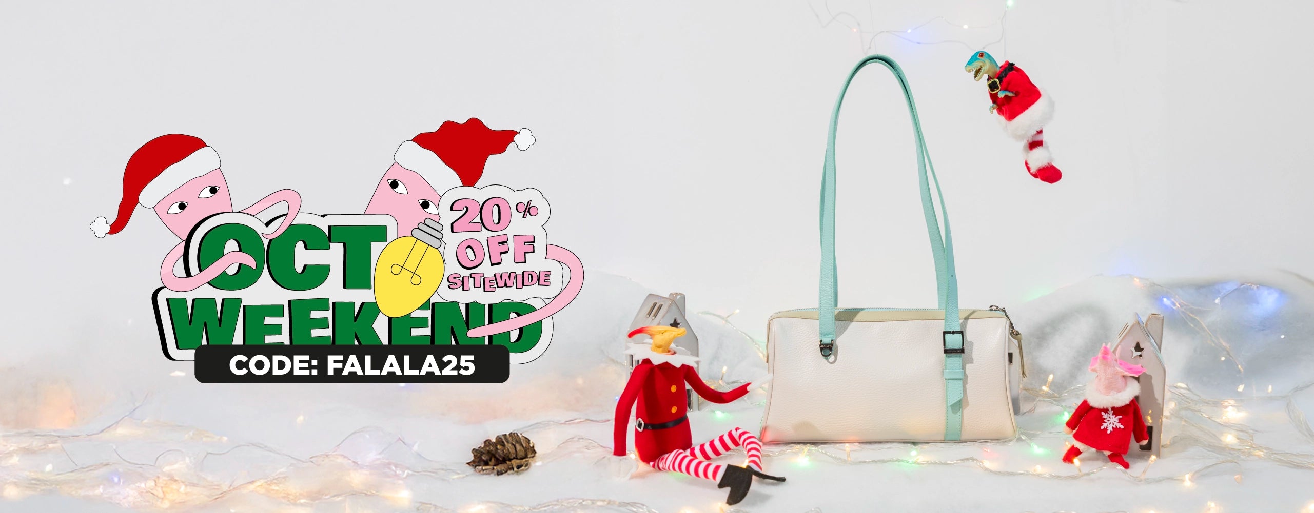 White Min & Mon handbag in a festive scene with fairy lights, faux snow, decorative elves, and the OctoWeekend logo announcing 20% OFF sitewide.
