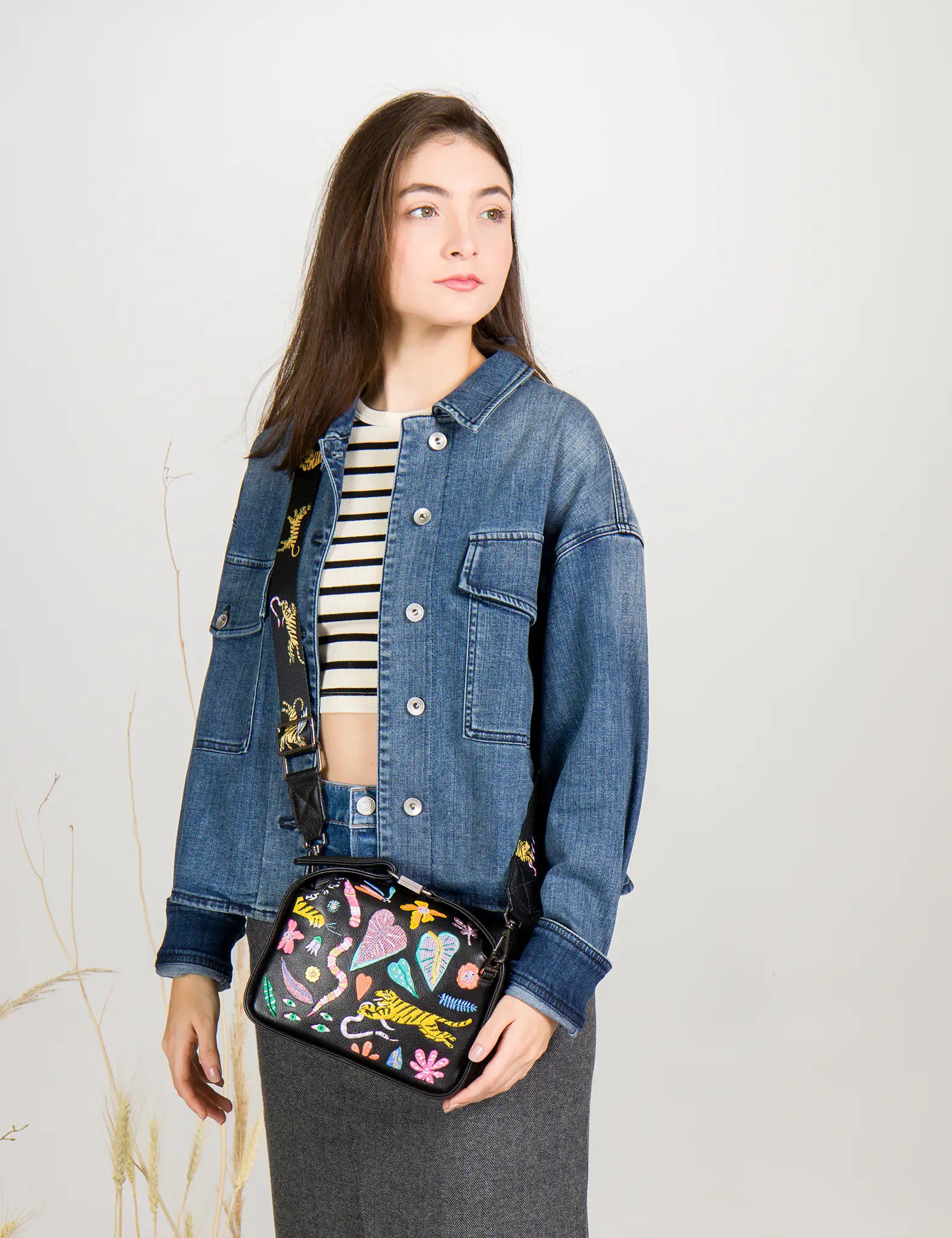 Benji Small Crossbody Black Leather Bag - Midnight Garden Benji Small Crossbody Black Leather Bag - Midnight Garden