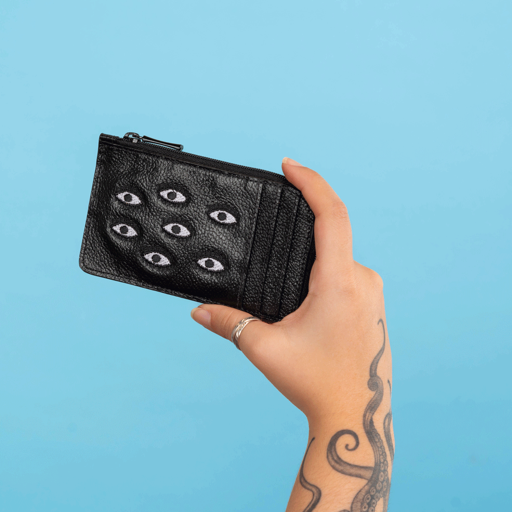 Fausto Black Leather Zip-around Cardholder - All Over Eyes Embroidery - Gif