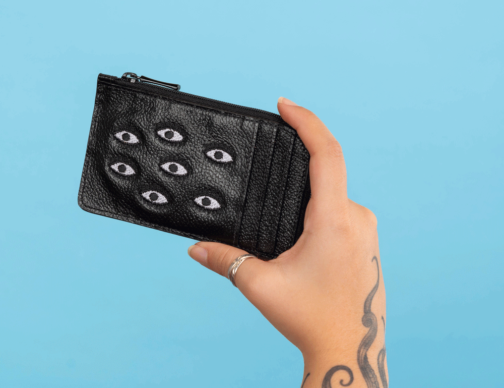 Fausto Black Leather Zip-around Cardholder - All Over Eyes Embroidery - Gif