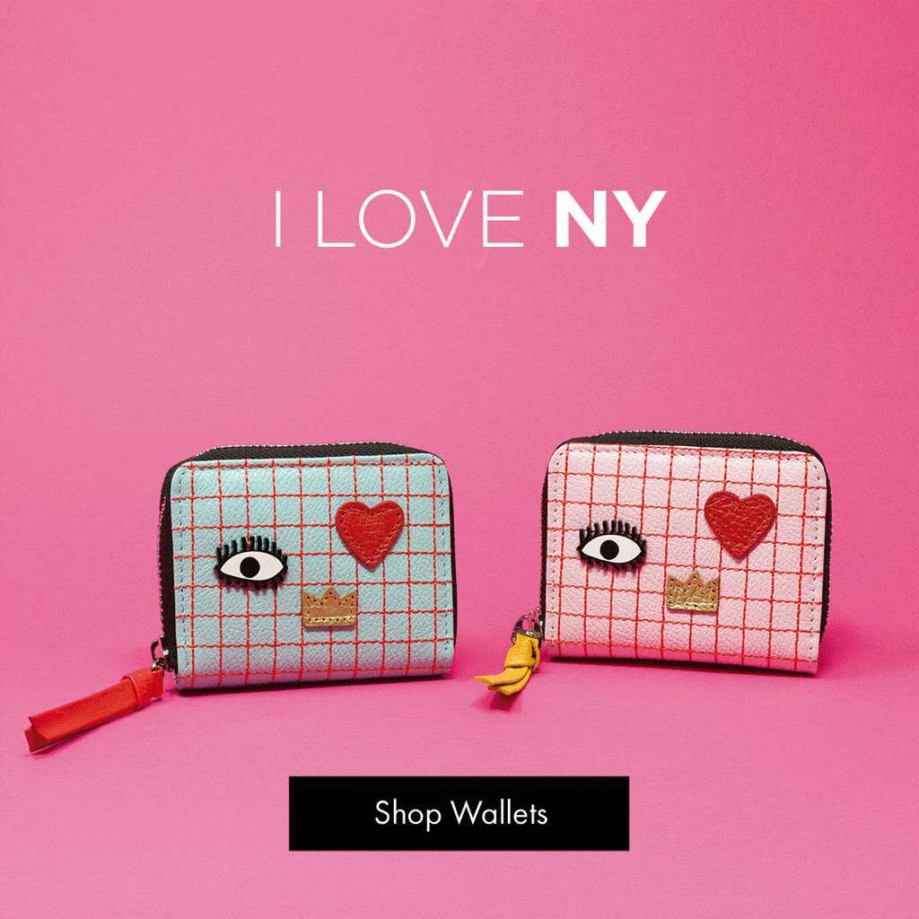 Animated GIF of two Min & Mon zip wallets with embroidered eye and heart details on a pink background, with changing text such as “I Love NY,” “Min & Mon,” and “You.”