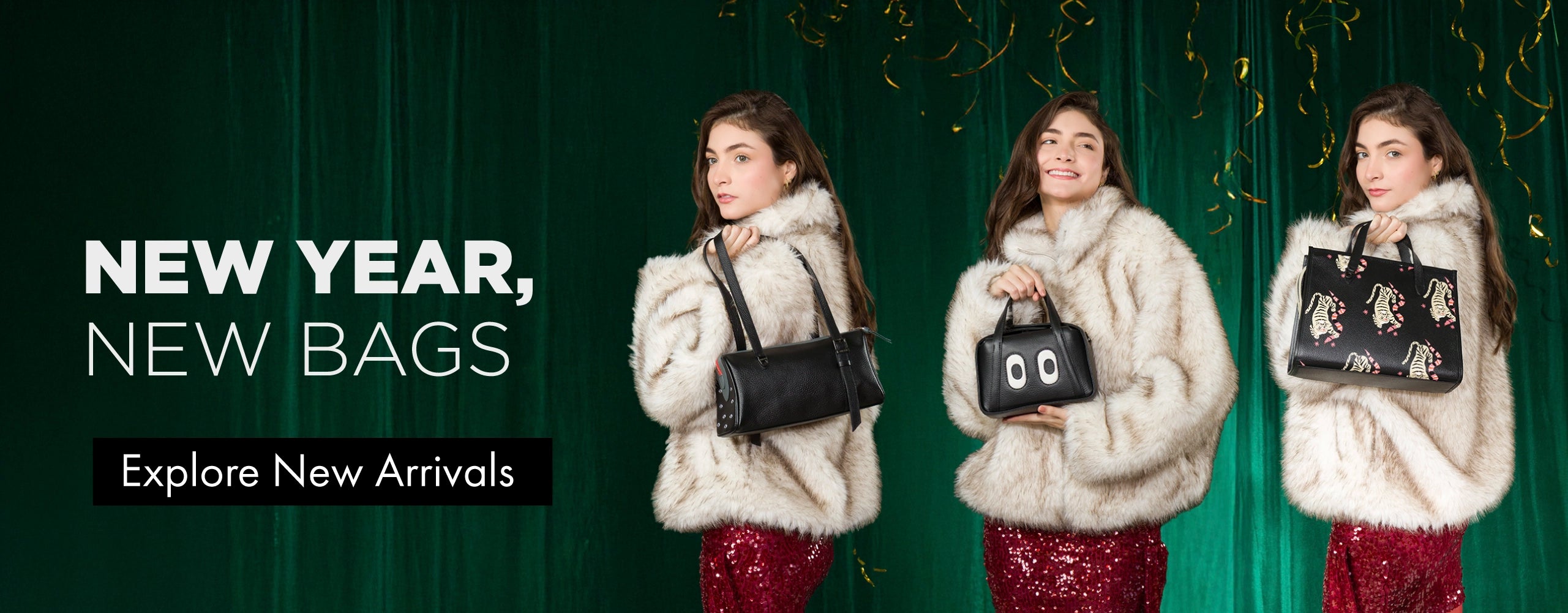 Model wearing Min & Mon bags against a festive green backdrop with the text “New Year, New Bags” and a button to explore new arrivals.