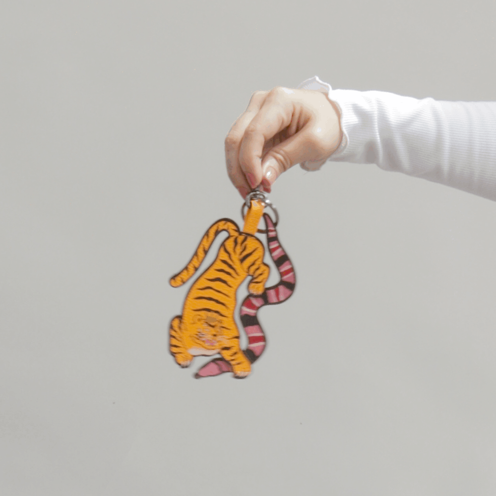 Tiger and Snake Charm - Marigold Leather Keychain - GIF