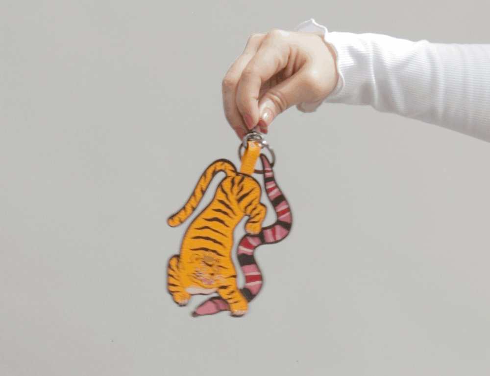 Tiger and Snake Charm - Marigold Leather Keychain - GIF