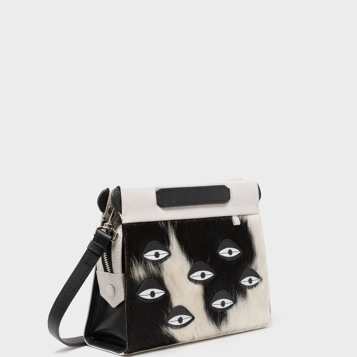 Vali Crossbody Small Cream Leather Bag - Eyes Applique Adjustable Handle - Front view