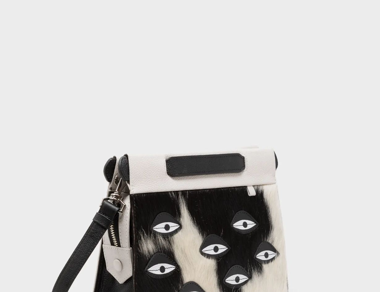 Vali Crossbody Small Cream Leather Bag - Eyes Applique Adjustable Handle - Front view