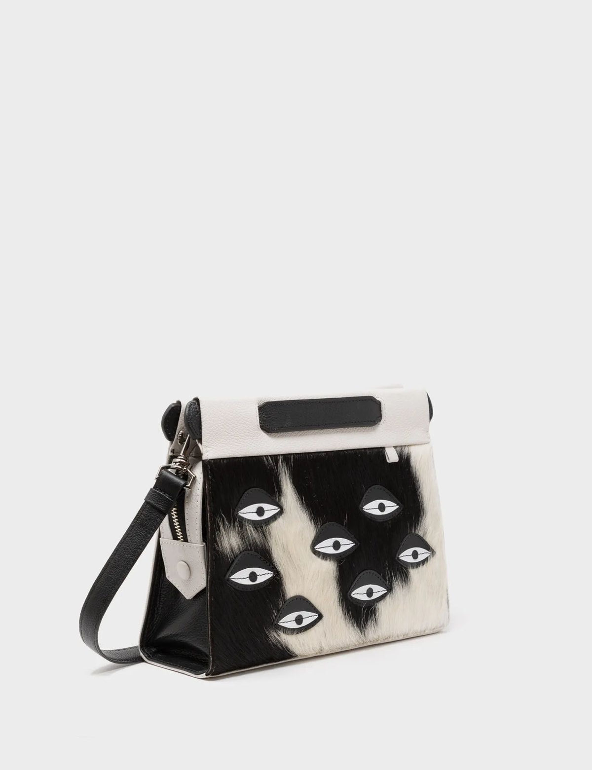 Vali Crossbody Small Cream Leather Bag - Eyes Applique Adjustable Handle - Front view
