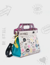 Vali Cream Leather Crossbody Handbag Plastic Handle - Urban Doodles Print