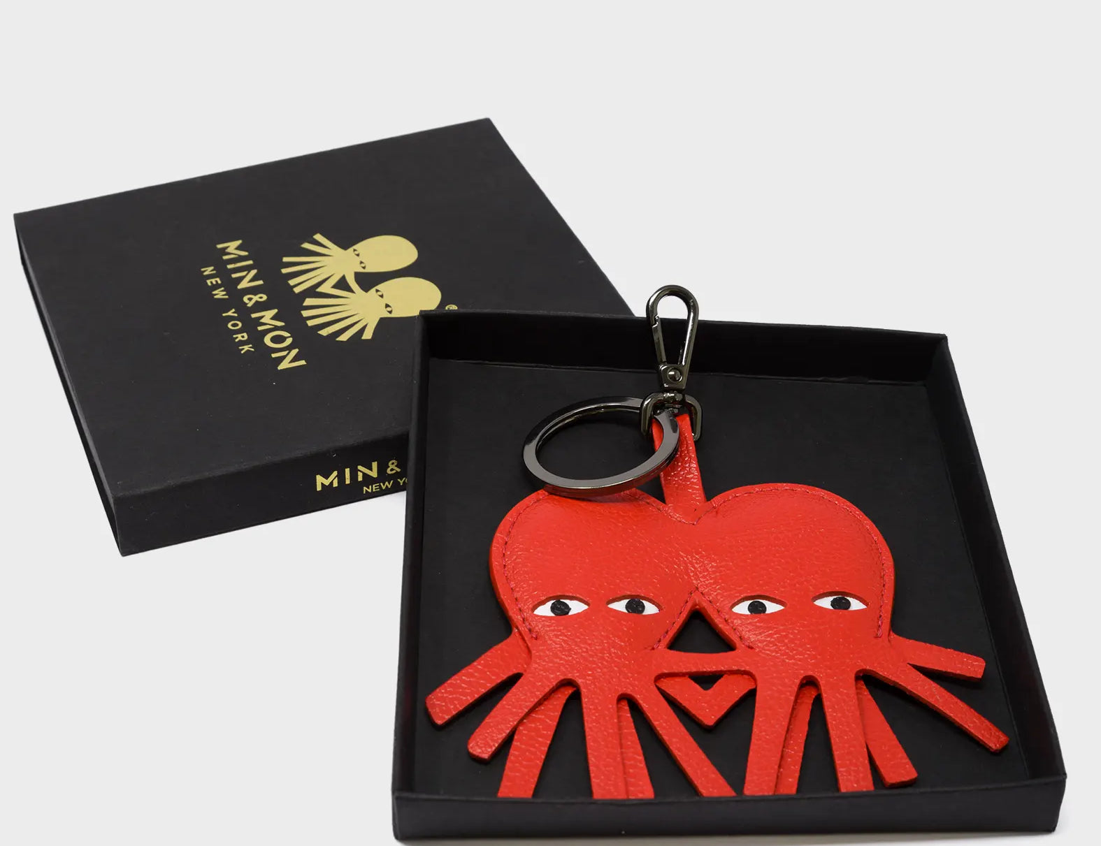 Octotwins Charm - Fiesta Red Leather Keychain - Box View