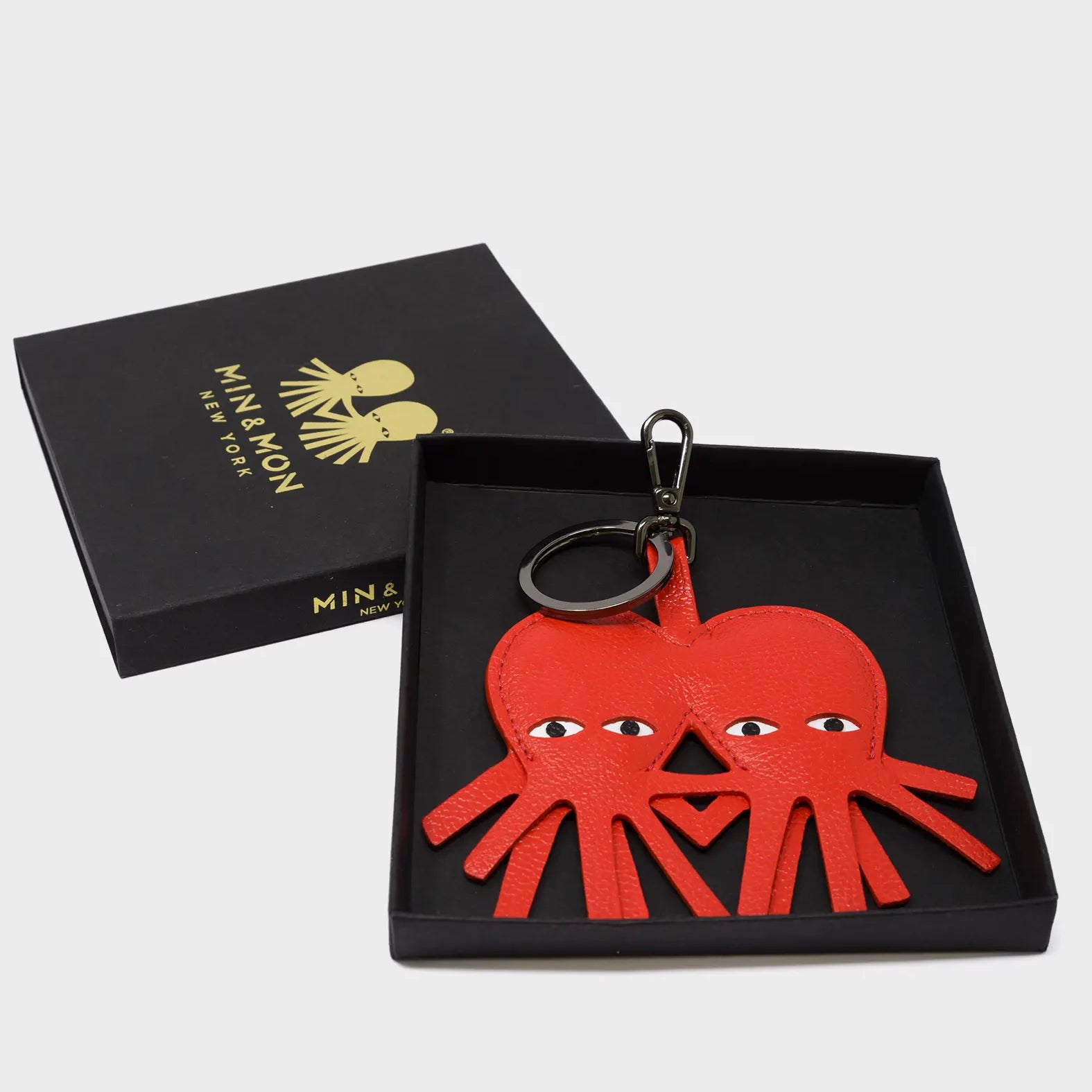 Octotwins Charm - Fiesta Red Leather Keychain - Box View