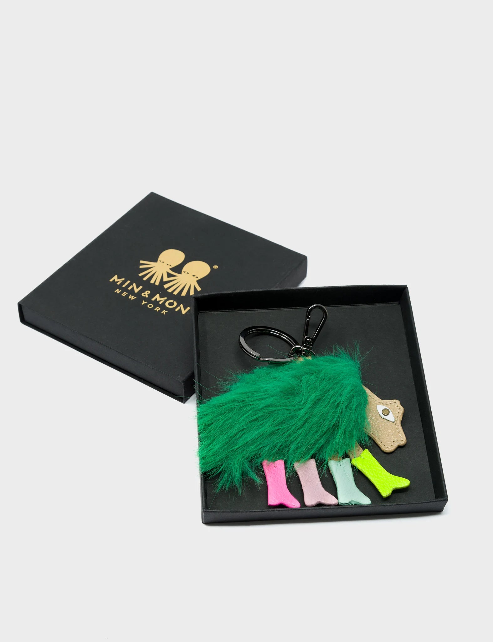 Wolf In Heels Charm - Green Fake Fur and Multicolored Boots Keychain - Packaging View