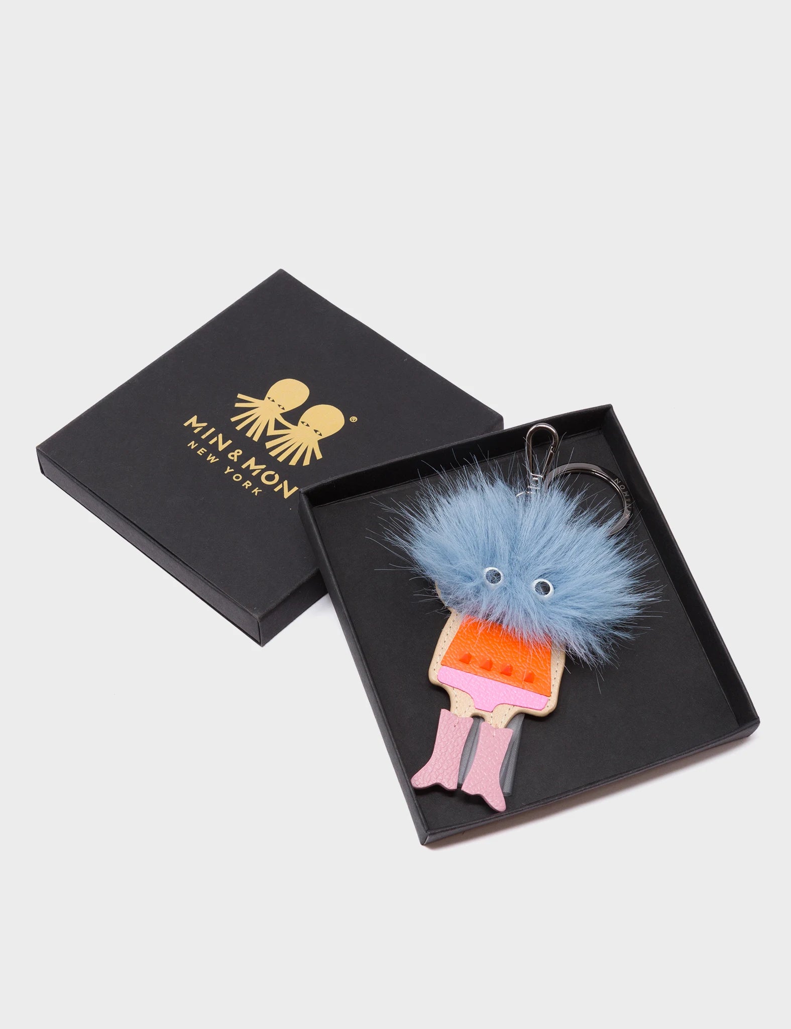 Monster Charm - Teddy Light Blue Faux Fur and Blush Pink Leather Boots - Packaging View