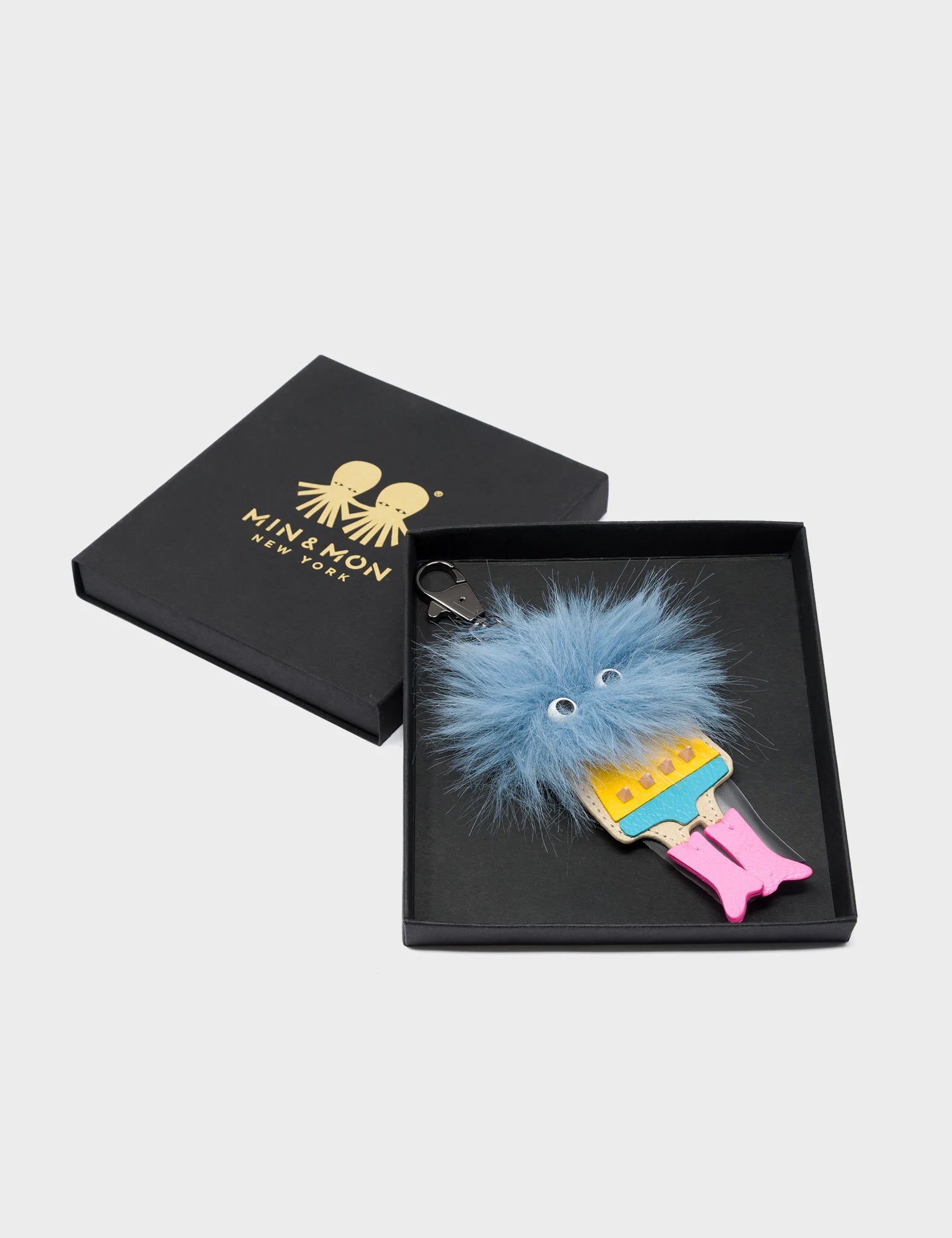 Monster Charm - Cameo Blue Fake Fur and Bubblegum Pink Leather Boots - Packaging View