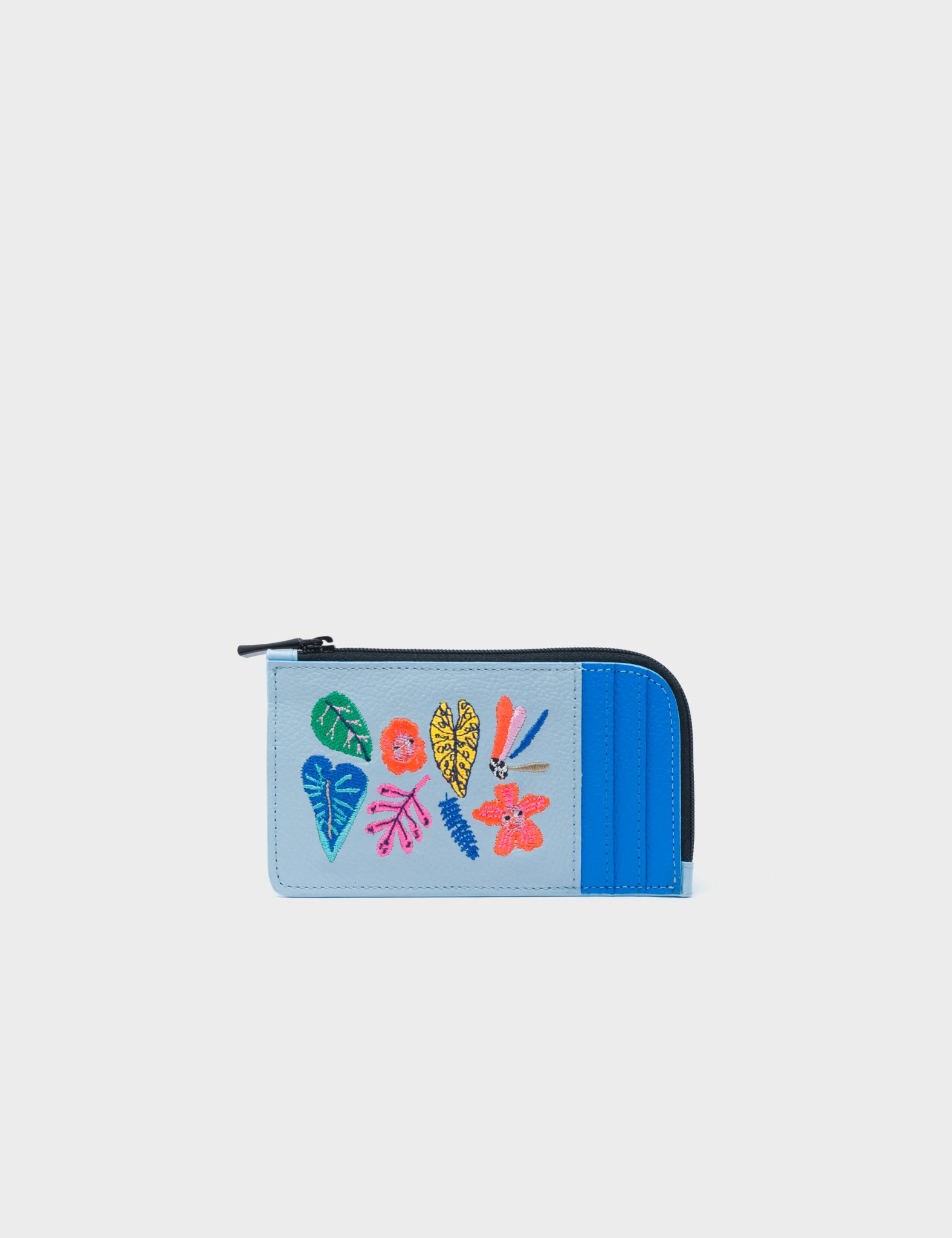 Fausto Omphalodes Blue Leather Zip-around Cardholder - Floral Embroidery - Main View