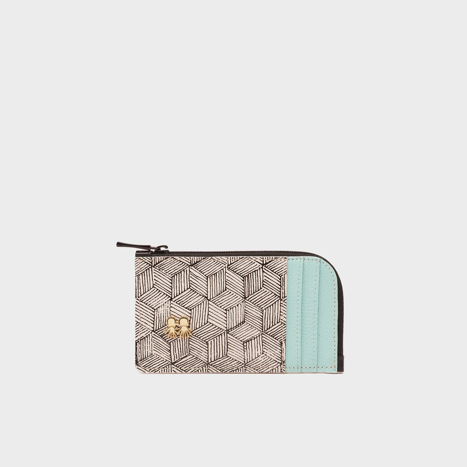 Fausto Cream Leather Zip-around Cardholder - Cubes Print - Front