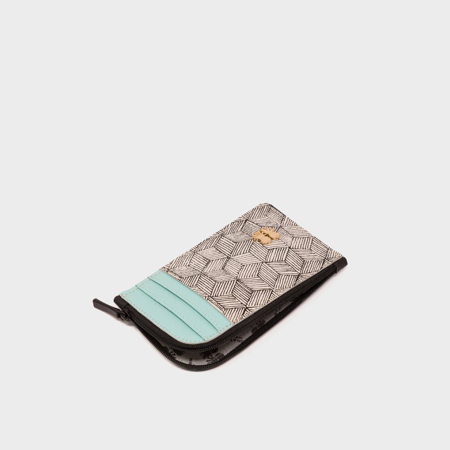 Fausto Cream Leather Zip-around Cardholder - Cubes Print - Open
