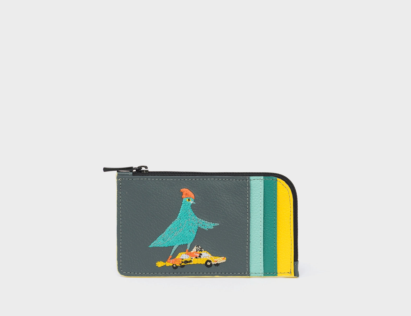 Fausto Stormy Gray Leather Zip-around Cardholder - Pigeonzilla Embroidery - Main View