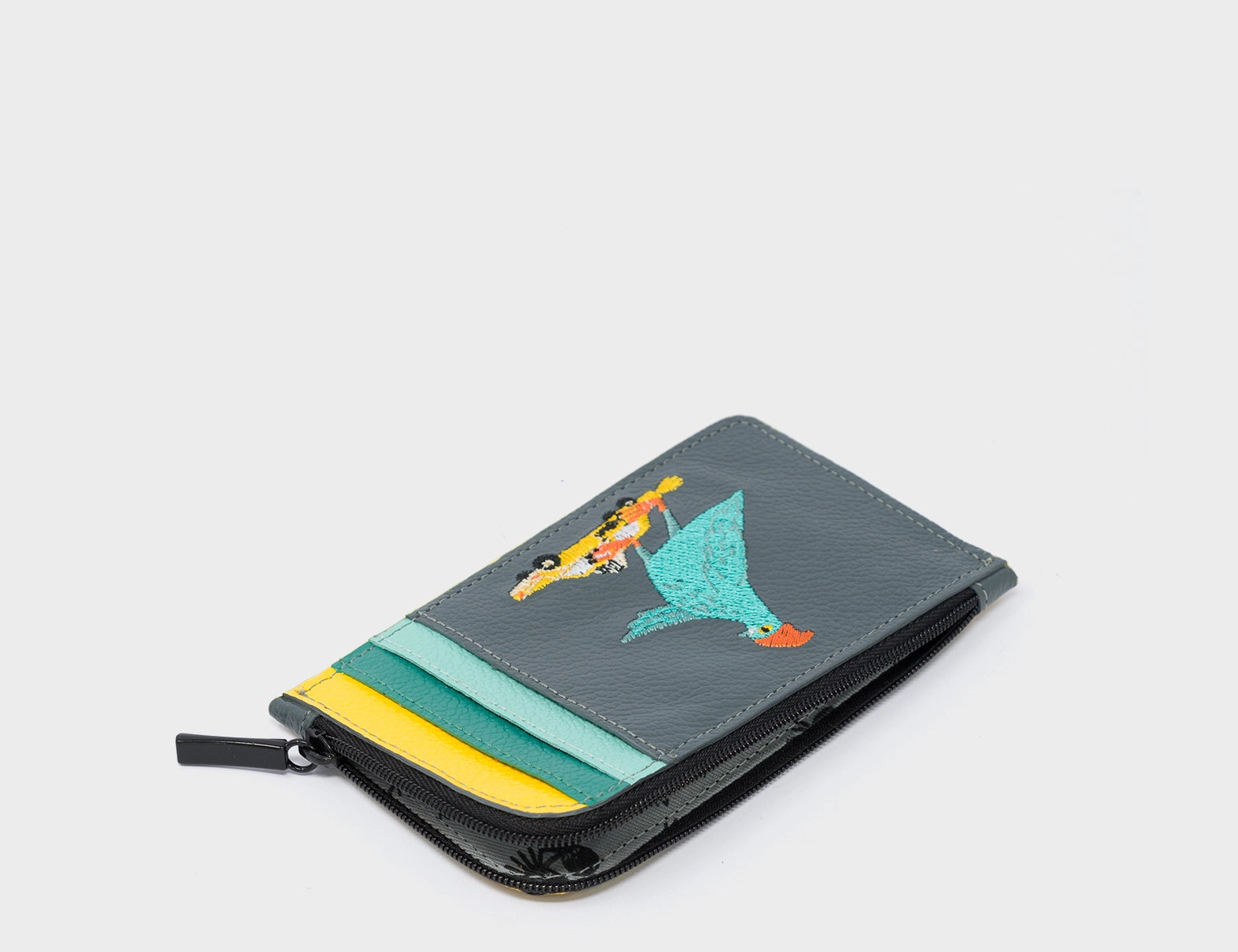 Fausto Stormy Gray Leather Zip-around Cardholder - Pigeonzilla Embroidery - Open View