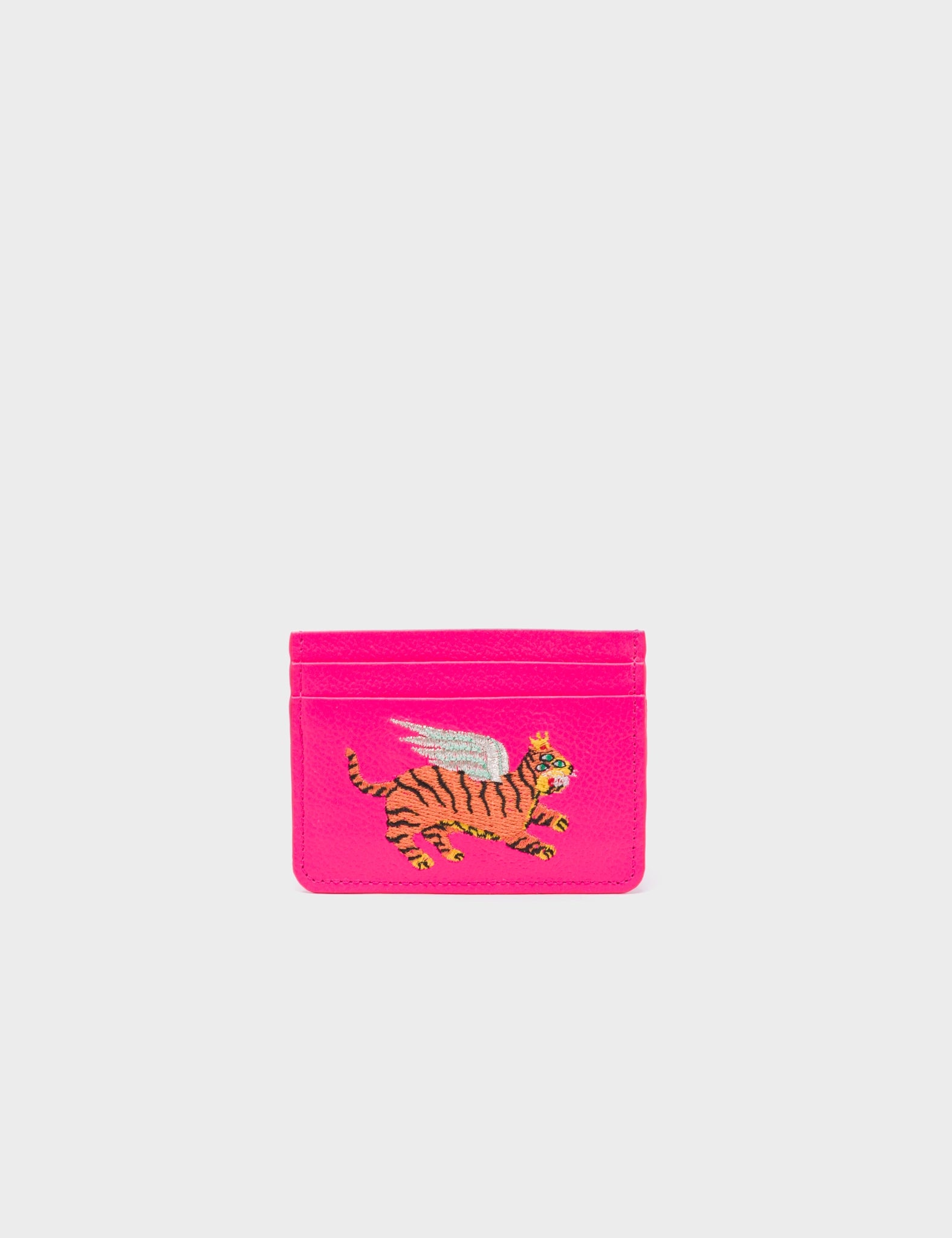 Filium Neon Pink Leather Cardholder - Winged Tiger Embroidery - Front View