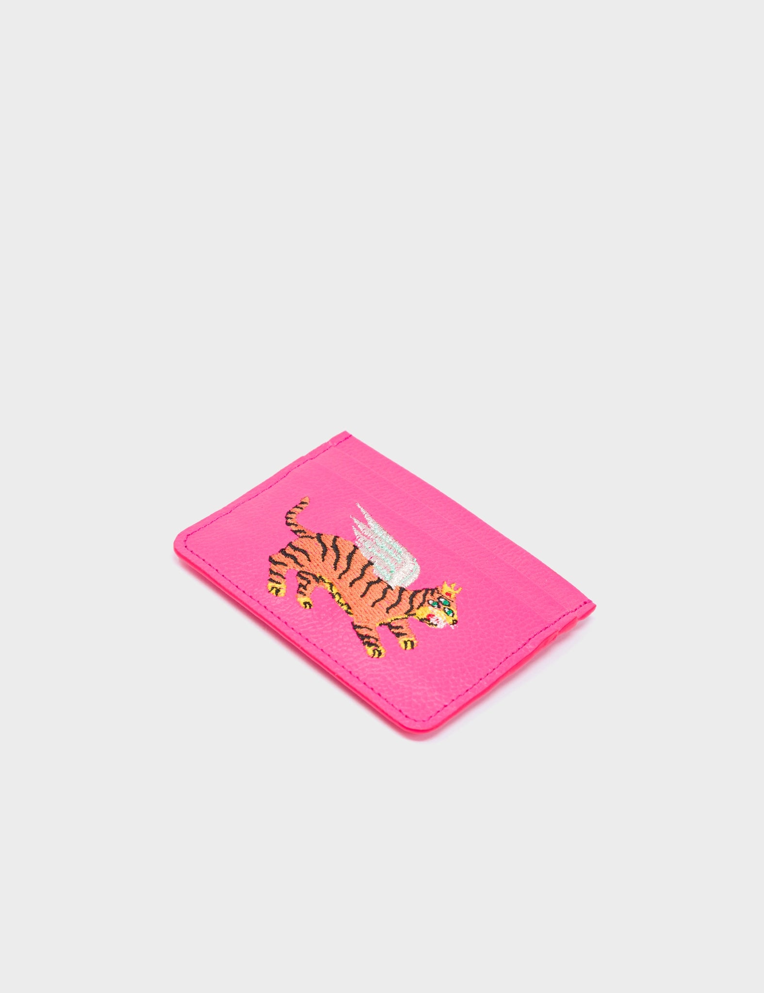 Filium Neon Pink Leather Cardholder - Winged Tiger Embroidery - Detail View