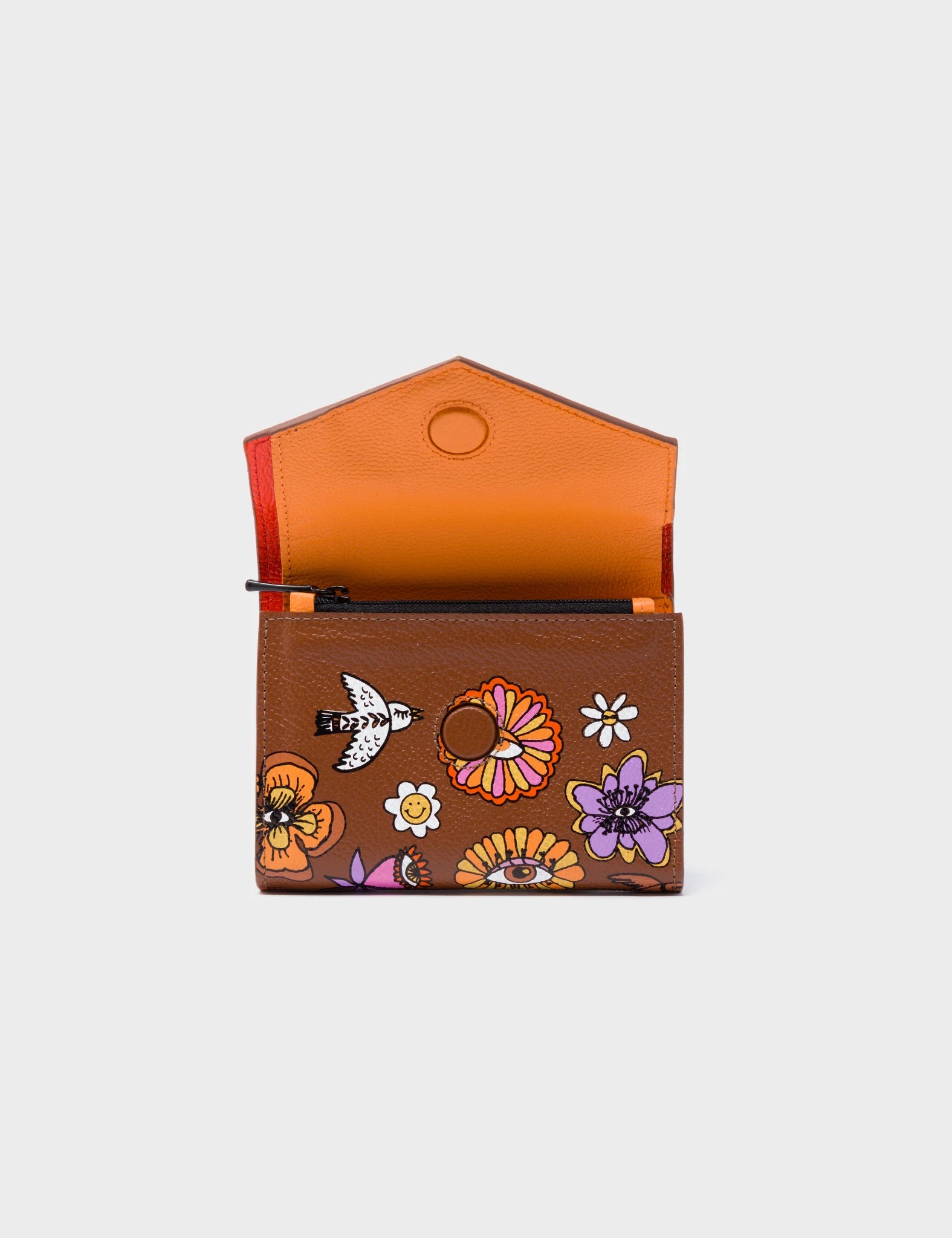 Fiona Moca Brown Leather Wallet - Vintage Bloom Design - Open View