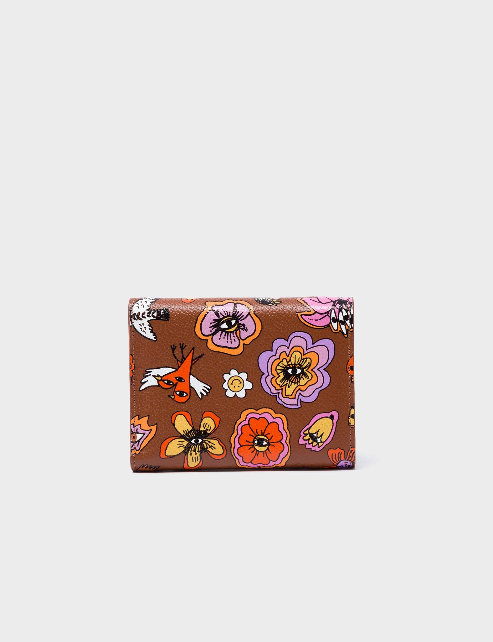 Fiona Moca Brown Leather Wallet - Vintage Bloom Design - Back View