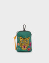 Florence Pouch Charm - Deep Sea Green Leather Keychain Tiger and Flowers Embroidery