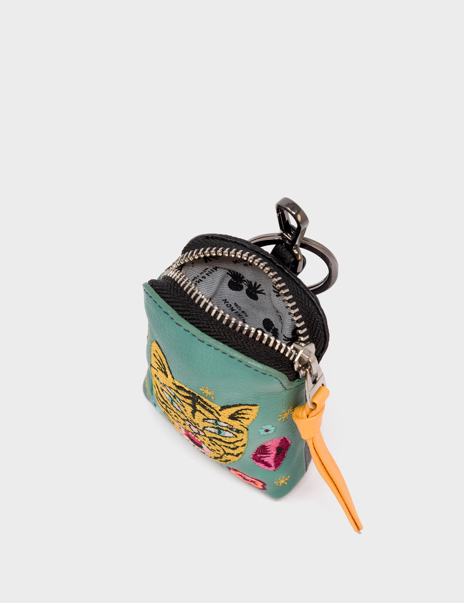 Florence Pouch Charm - Deep Sea Green Leather Keychain Tiger and Flowers Embroidery - Detail View